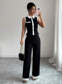 Elenzga Summer Autumn New Elegant Casual Slim Fit Splice Shirt Collar Sleeveless Open Front Short Top T-Shirt And Straight Pocket Knit Pants Women 2 Pieces Set - Black and White - View 5