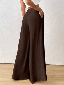 SHEIN Raffinéa Fall Women Clothes Women's Solid Color High-Waist Button Accent Pleated Wide-Leg Loose Pants - Coffee Brown - View 2