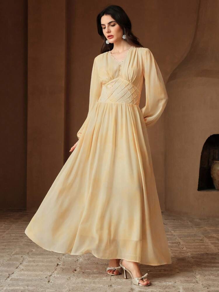 Spring/Summer New Elegant V-Neck Long Sleeve Tie-Waist Slim Fit Dip Dye Embellished Pearls Print Dress For Women
