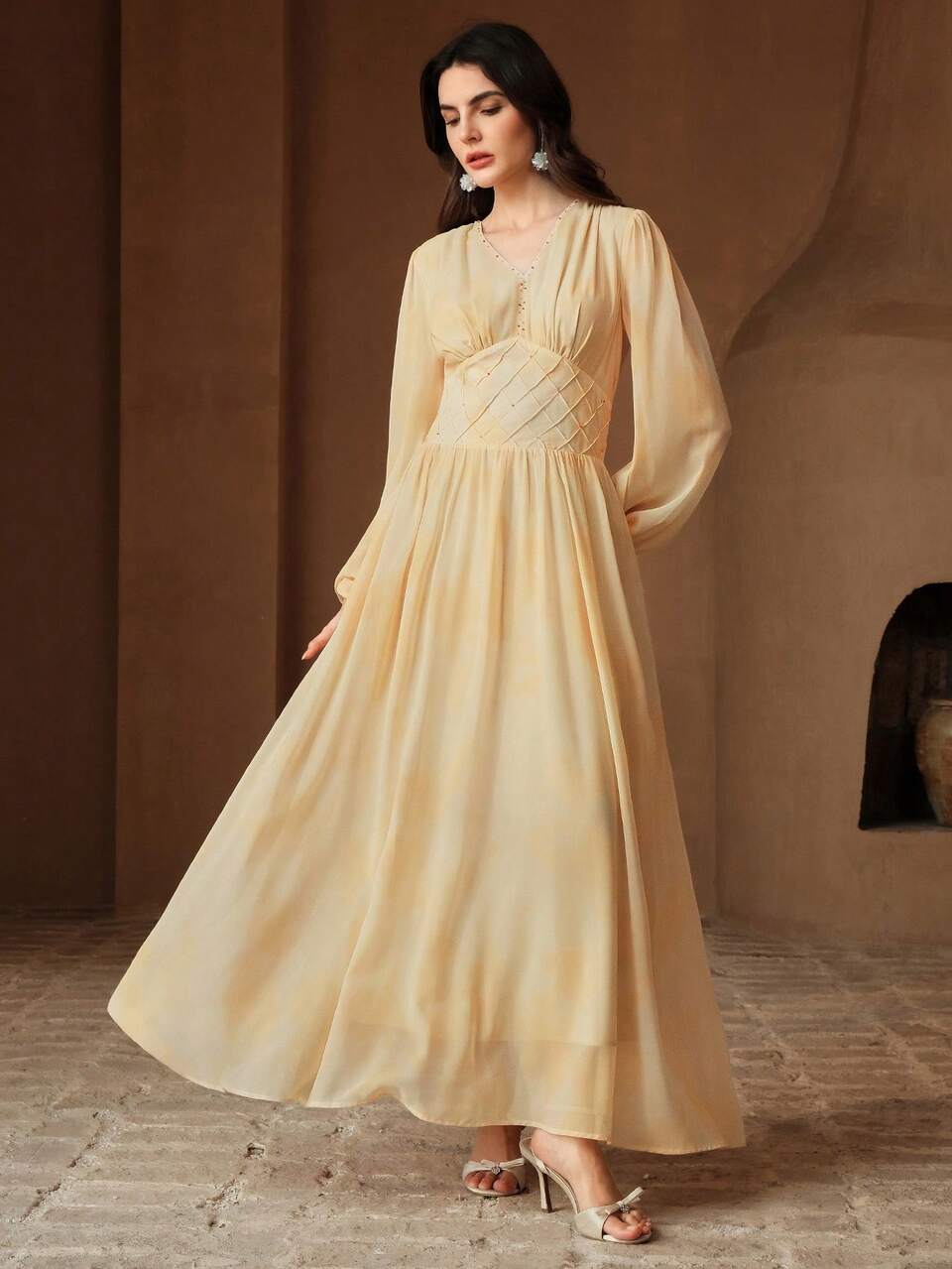 Spring/Summer New Elegant V-Neck Long Sleeve Tie-Waist Slim Fit Dip Dye Embellished Pearls Print Dress For Women