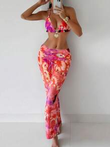 SHEIN Swim Conjunto de traje de baño de 3 piezas para mujer con top de bikini con halter acolchado y volantes con estampado de planta tropical y falda larga de cintura alta, para uso casual en resort