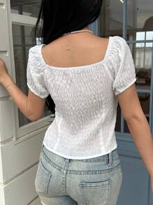 INAWLY Women's Solid Color Fashionable Button V-Neck Short Blouse For Summer