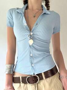 INAWLY Women Striped Single-Breasted Short Sleeve Casual Fitted T-Shirt - Blue - View 1