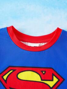 SUPERMAN X SHEIN 男童卡通超级英雄图案蓝红宽松短袖T恤和短裤两件套 - 藍色 - 查看 3