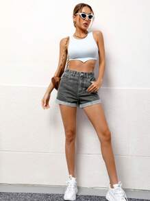 休闲洗水高腰卷边牛仔短裤 - 淺灰色 - 查看 7