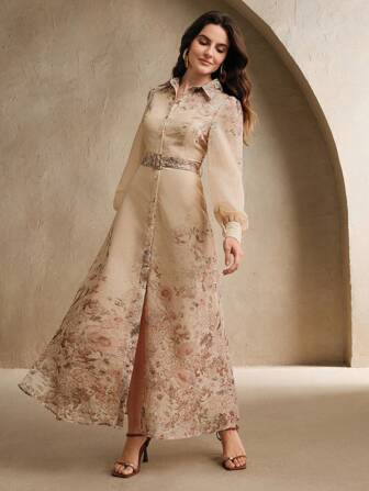 Anewsta Women's Elegant Palace Floral Print Collar Puff Sleeve Long Sleeve Dress, Summer