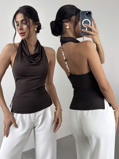 Firerie Chaleco de mujer de unicolor de lino marrón con cuentas, cuello de halter, moda/casual de negocios, para mujer en verano