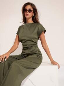 COSMINA Women's Solid-Color Crew Neck Batwing Sleeve Pleated Elegant Jumpsuit, Summer - Army Green - View 1