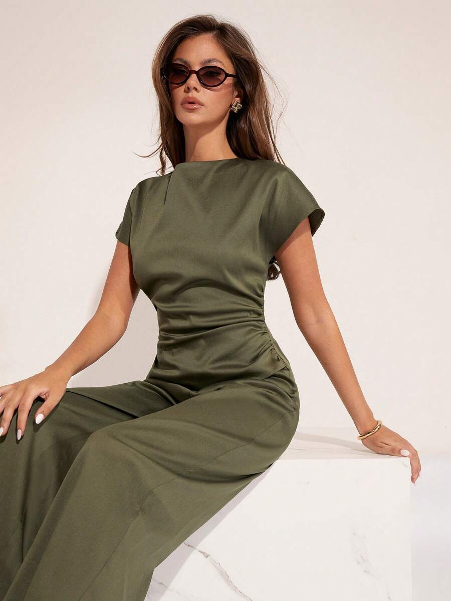 COSMINA Women's Solid-Color Crew Neck Batwing Sleeve Pleated Elegant Jumpsuit, Summer - Army Green - View 1
