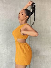 SHEIN SXY Women Solid Color Waist Cutout Round Neck Sleeveless Mini Dress Summer Dresses For Women - Yellow - View 6