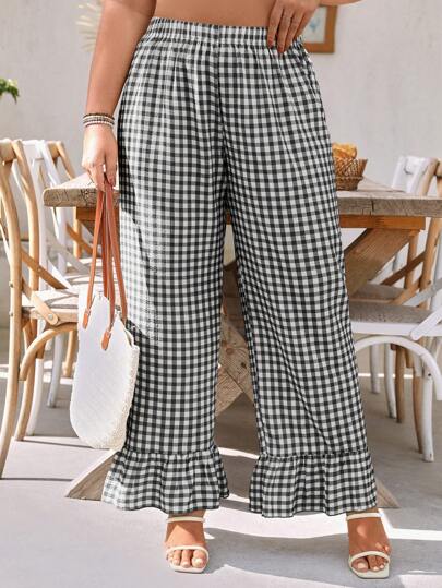 Plus Size Women Casual Sweet Plaid Wide Leg Pants Fall Cloth For Women