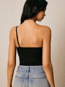 Poéselle 女式紧身衣金属扣装饰不对称设计单肩设计舒适修身黑色紧身衣女式金属装饰无袖纯色紧身衣，时尚乡村音乐会服装音乐会女装生日服装节日