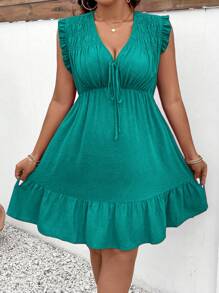 Sunserae Plus Size Holiday Casual Solid Color Halter Neck Ruffled Waist Sleeveless Dress For New Year Clothes