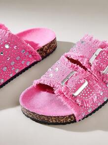 Solecia Giày đế bằng mũi tròn tua rua đính đá Rhinestone khóa kép thoải mái cho mục đích sử dụng hàng ngày, trang trọng và thường ngày đa năng dành cho nữ - Màu Hồng Tươi - Xem 4