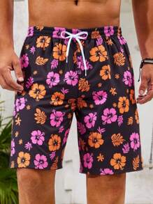 Pantalones cortos de playa de tela tejida con estampado retro de hibisco para hombre, para combinar en familia con mamá y yo (se venden 4 piezas por separado), estilo hawaiano - Multicolor - Ver 1