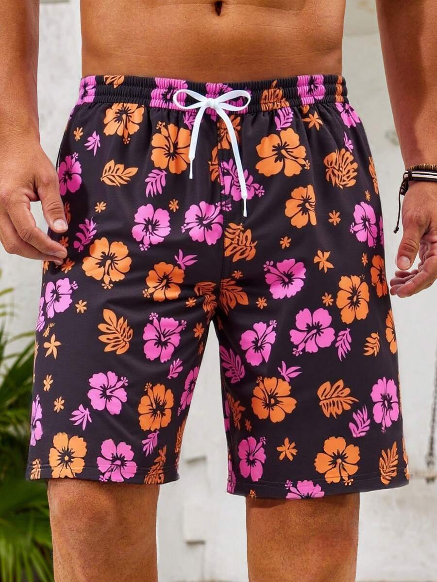 Pantalones cortos de playa de tela tejida con estampado retro de hibisco para hombre, para combinar en familia con mamá y yo (se venden 4 piezas por separado), estilo hawaiano - Multicolor - Ver 1