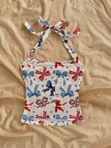 SHEIN SXY Summer Flag Style Halter Neck Bowknot Women Tank Top