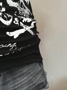 Rina Fox Women's Summer Slim Fit Punk Casual T-Shirt With Skull Print, Black - Black - View 6