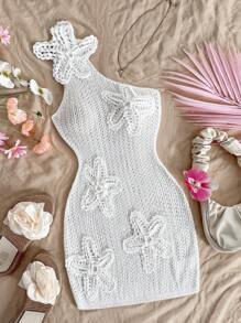 Soleia 大码女式3D花朵装饰无袖针织直筒连衣裙，适合度假穿着 - 白色 - 查看 1