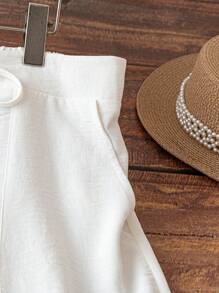 SHEIN Tall 大码女式梭织纯色口袋直筒优雅浪漫裤 - 白色 - 查看 7