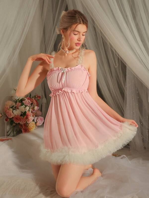 DelicateAllure Damen Lingerie Negligee mit Schleife, plissierter Dekor und transparenter Optik, sexy