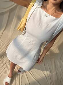 SHEIN EZwear 女式无袖纯色连衣裙，肩部饰有蝴蝶结，夏季 - 白色 - 查看 5