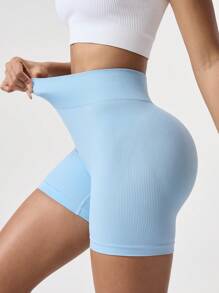 Seamluxe SHEIN Sport Women's Seamless High Waist Solid Color Everyday Fitness Shorts - Blue - View 4
