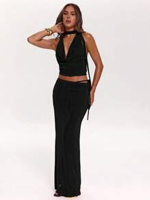 SHEIN BAE Fashion Sexy Halter Backless Top And Skirt Set, Suitable For Date Night, Singles Party, Wedding Guest, Holiday Beach Vacation, Spring/Summer