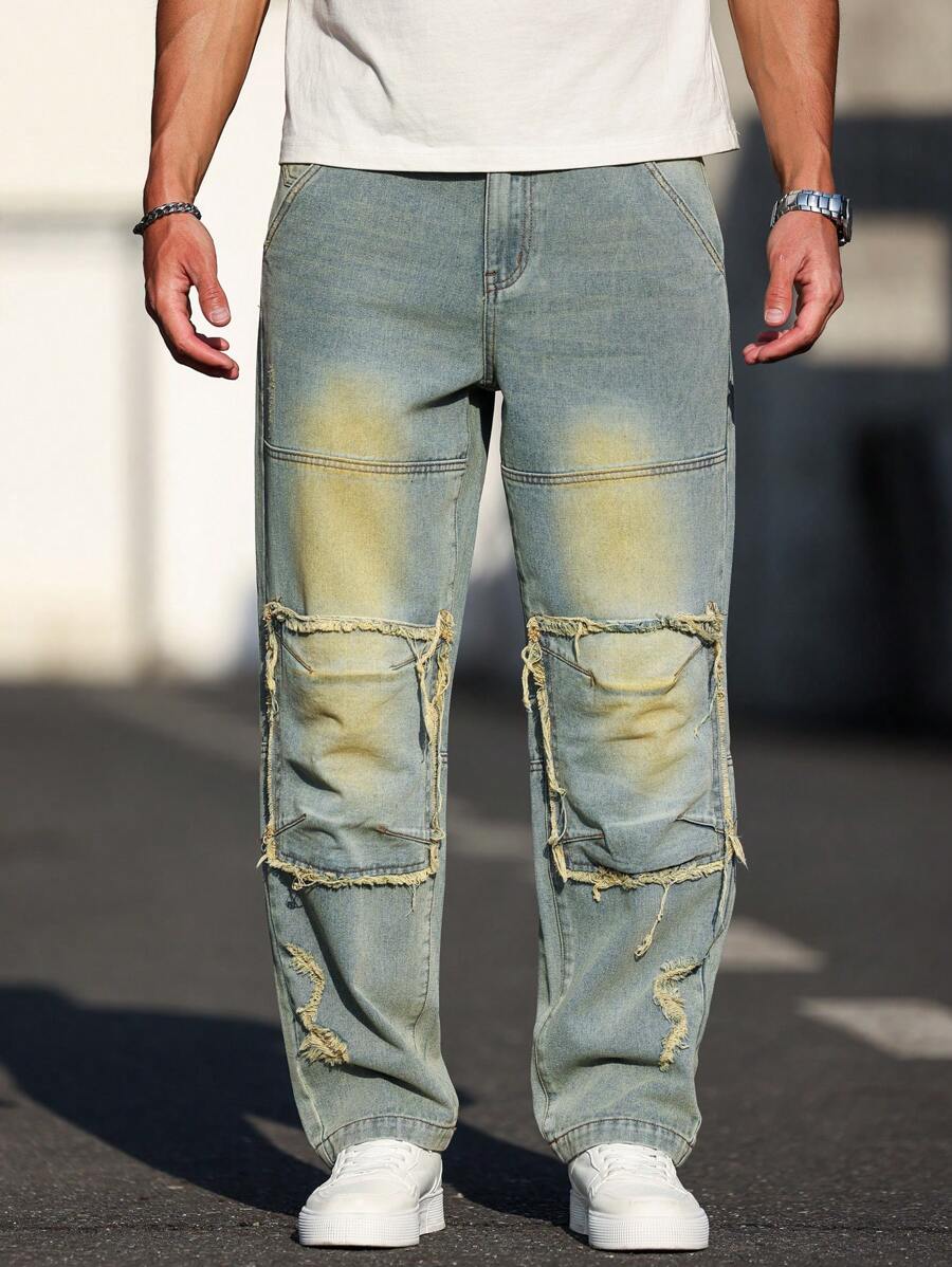 Manfinity Homme Quần Jeans Nam Ống Thẳng Thường Ngày Có Túi Và Chi Tiết Viền Thô, Đa Năng - Màu xanh lam - Xem 1