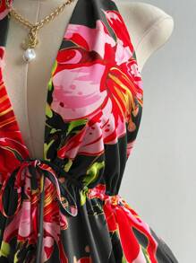 Celure Plus Size Halter Tied Allover Print Sexy Holiday Dress - Black - View 5