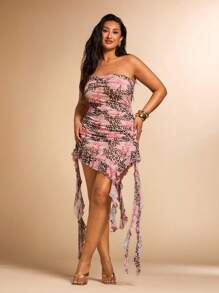 SHEIN BAE Plus Size Women's Summer Sexy Leopard & Floral Print Ruffled Asymmetric Hem Dress, Elegant For Date, Party, Birthday, Bridesmaid, Casual Wear' - Pink - View 6