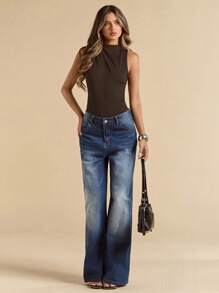 SHEIN BAE Bộ đồ liền thân hở lưng màu đen không tay cắt xẻ bất đối xứng thanh lịch dành cho nữ, mùa hè - Cà phê nâu - Xem 7