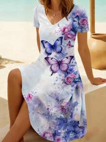SHEIN Plus Size Elegant Fantasy Colorful Butterfly Print Casual V-Neck Short Sleeve Dress For Women - Multicolor - View 1