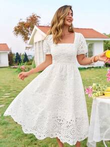 Celure Plus Size Women French Square Collar Romantic Hollow Out Embroidered Cinched Waist A-Line Elastic Hem Maxi Vacation Commute Dress - White - View 5