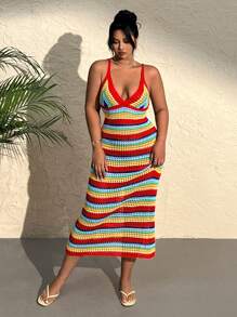 SHEIN EZwear 大码彩虹条纹长裙针织毛衣，适合春夏季假期 - 彩色 - 查看 5