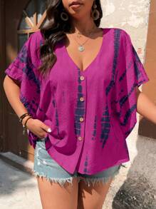 SHEIN LUNE 大码扎染 V 领蝙蝠袖休闲度假衬衫 女士夏季服装 夏季服装 女士服装 女士上衣 优雅女士夏季衬衫 女士加大码服装 女士正式加大码服装 女士商务休闲上衣 女士衬衫 优雅女士衬衫