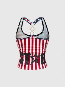 ROMWE Y2K 风格女款 7 月 4 日修身挂脖背心，饰有灰色星条和美国国旗图案