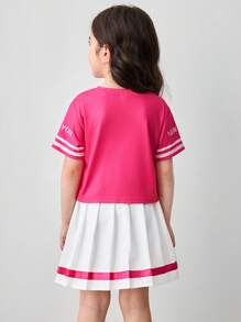 2pcs/Set Girls Knit Solid V-Neck T-Shirt With Letter & Numeral Print Paired With Mini Skirt - Hot Pink - View 2