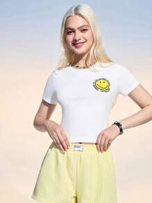 SmileyWorld® | SHEIN Áo thun cổ tròn tay ngắn họa tiết mặt cười dành cho nữ, mùa hè - trắng - Xem 5