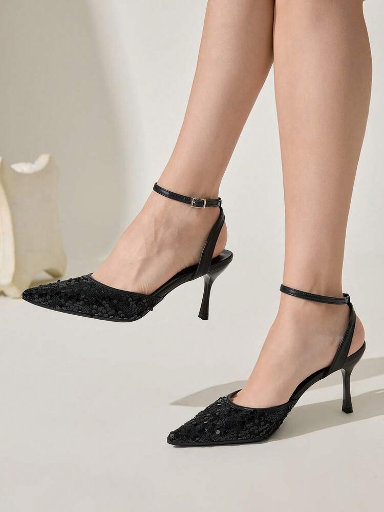 CUCCOO CHICEST Women's Autumn/Winter Sequin Pointed Toe Stiletto High Heel Elegant Glamorous Sexy Fashion Black High Heel Shoes, Ankle Strap Dress Shoes For Wedding, Party, Formal Occasions, Cocktail, Night Club, Halloween, Christmas