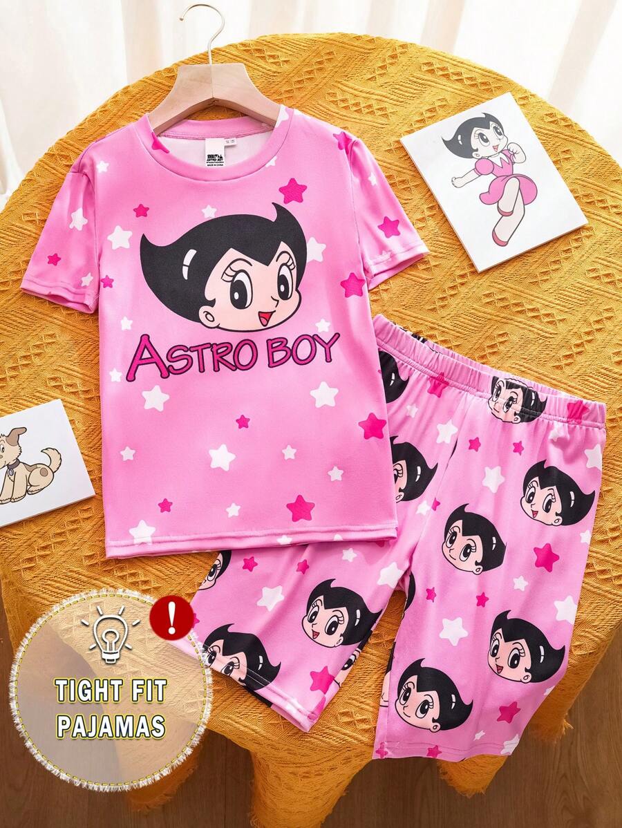 Astro Boy X SHEIN Tween Girl Cartoon Little Girl & Star Sweet Print Elastic Tight-Fitting Home Pajamas Set - Pink - View 1