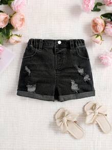 SHEIN Young Girl Spring Summer Boho High Waisted Elastic Waist Ripped Washed Denim Shorts - Black - View 1