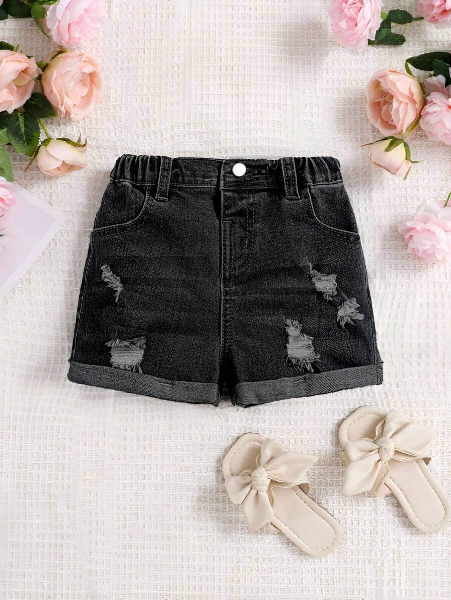 SHEIN Young Girl Spring Summer Boho High Waisted Elastic Waist Ripped Washed Denim Shorts - Black - View 1