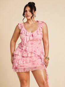 SHEIN BAE 粉红玫瑰花朵，复杂层次的水母，海带，荷叶边丝带，浪漫优雅的派对，约会，度假，吊带背心，不对称裙装套装，夏季外出，7 月 4 日，7 月 4 日服装，阵亡将士纪念日，毕业典礼，工作/办公室，度假服装，女士工作办公室服装，海滩度假服装，优雅，女士性感俱乐部服装，女士两件套 - 粉色 - 查看 3