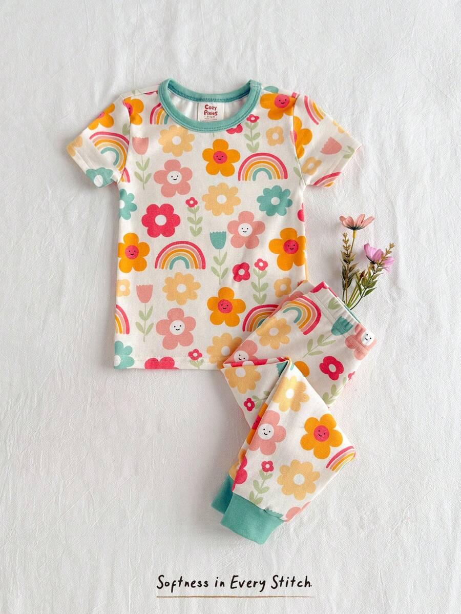 Cozy Pixies 女婴花卉印花舒适睡衣套装,柔软针织短袖上衣和松紧腰紧身裤 - 綠色 - 查看 1