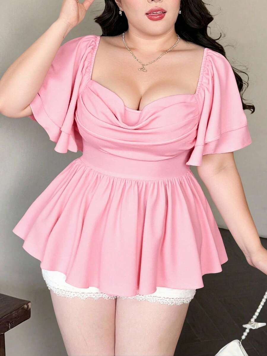 Flirla Plus Size Women's Elegant Ruched Collar Pleated A-Line Blouse, Loose Fit Ruffle Sleeve Party/Wedding Guest Vacation Vintage Shirt - Pink - View 1