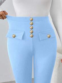 SHEIN Unity Pantalones casuales de unicolor y ajuste ceñido para mujeres para ir al trabajo - Azul - Ver 7