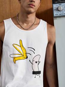 SWAVVY Men Cotton Sleeveless White Going Out Funny Cartoon Graphic Tank Top, Boyfriend Gift