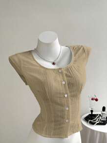 Elamini Áo sơ mi cổ xương cá màu trắng phong cách tối giản của Mỹ, áo cánh nữ màu trắng trơn nhún bèo vừa vặn, mùa xuân/hè - Màu Khaki - Xem 1