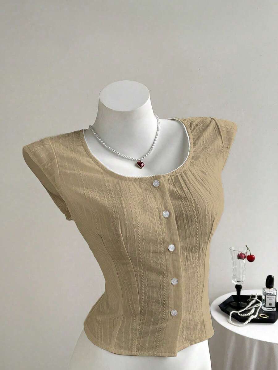 Elamini Áo sơ mi cổ xương cá màu trắng phong cách tối giản của Mỹ, áo cánh nữ màu trắng trơn nhún bèo vừa vặn, mùa xuân/hè - Màu Khaki - Xem 1